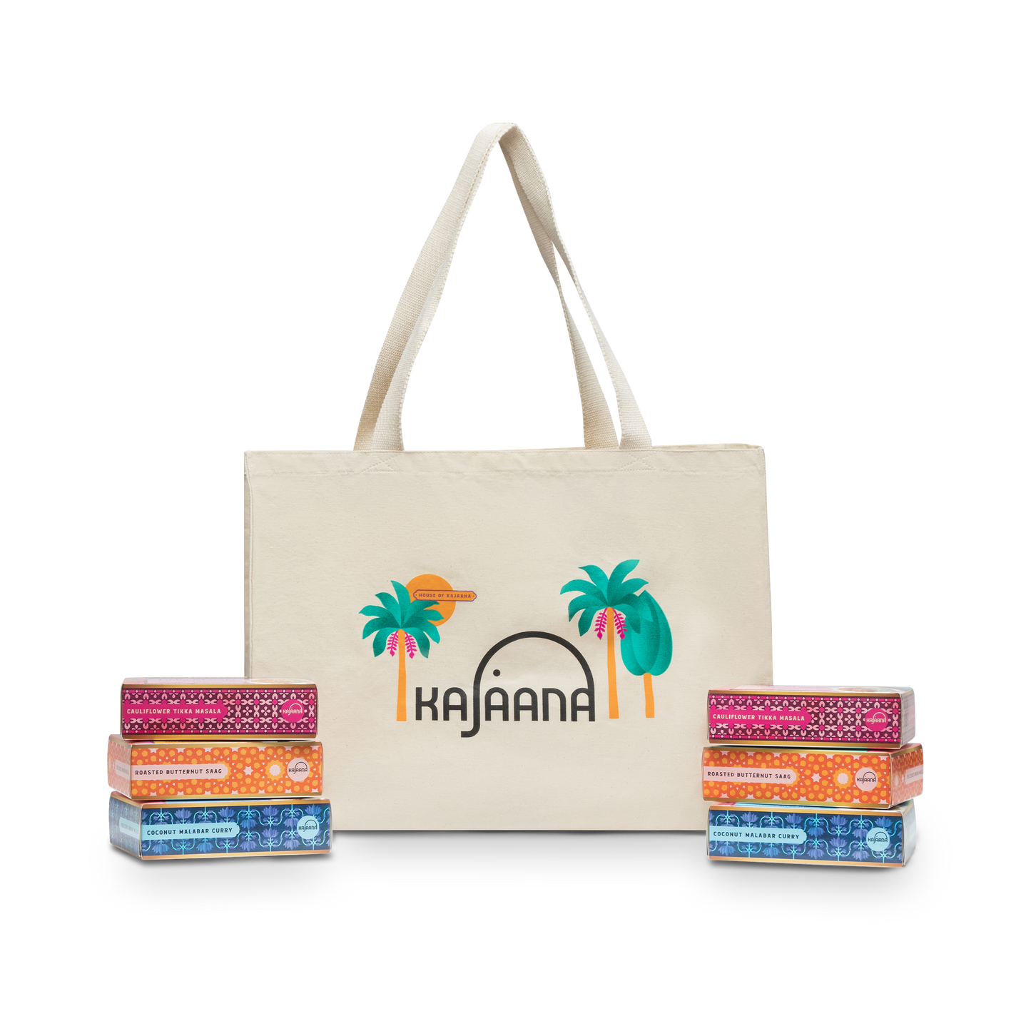 House of Kajaana large tote bag with logo accompanied by six House of Kajaana Indian meals.